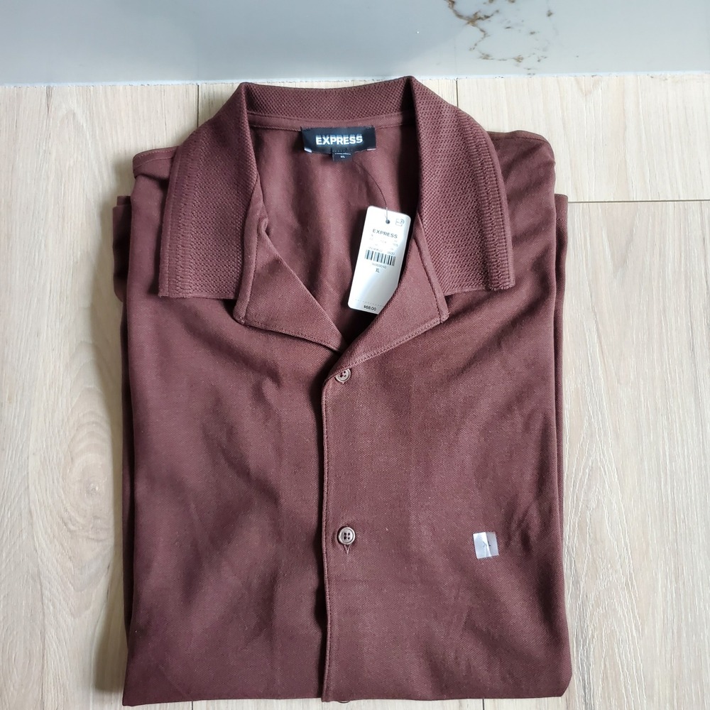 Express Polo Mens XL Brown Solid Luxe Pique Button Down Camp Collar Shirt